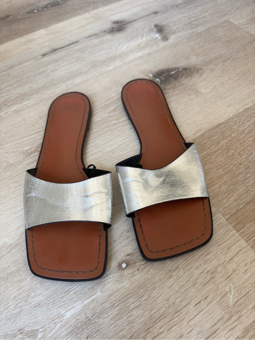 Zara Metallic Silver Wide Strap Slide Sandals